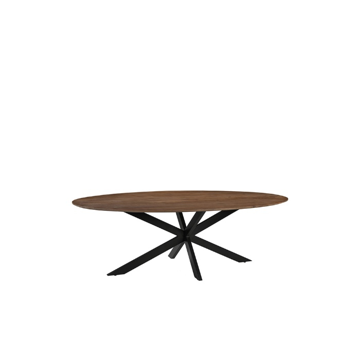 Eettafel Jens in mangohout naturel met spinpoot, schuin van voren