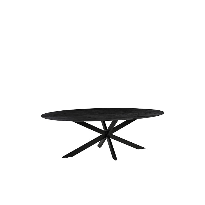 Eettafel Jens in mangohout zwart met spinpoot, schuin van voren