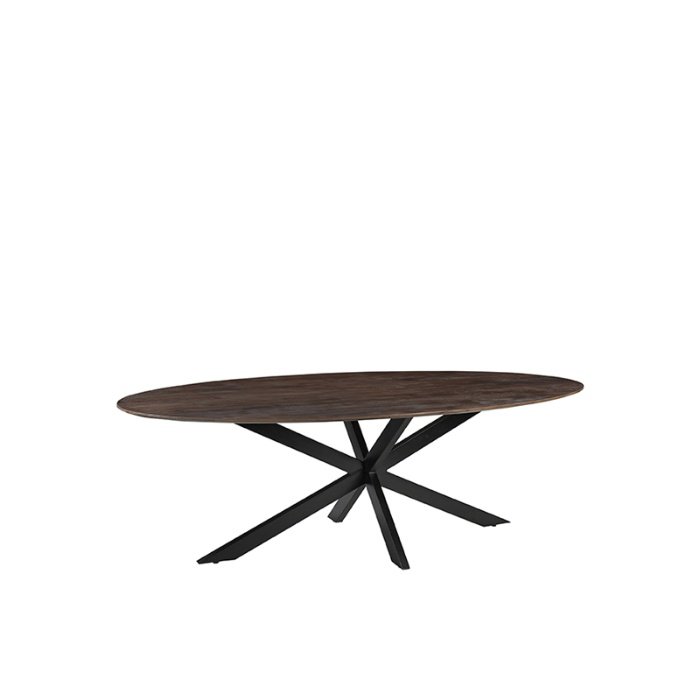 Eettafel Jens 190 cm in mangohout donkerbruin met spinpoot, schuin van voren