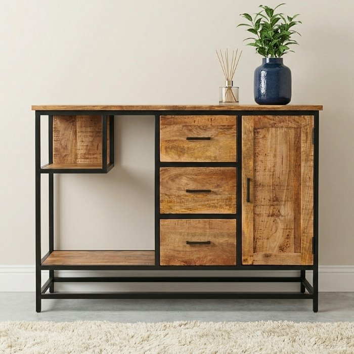 Mangohout kastje met drie lades, open vakken en een deurtje