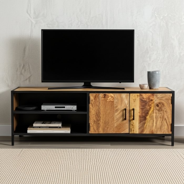 Industrieel tv meubel mangohout met zwart staal.