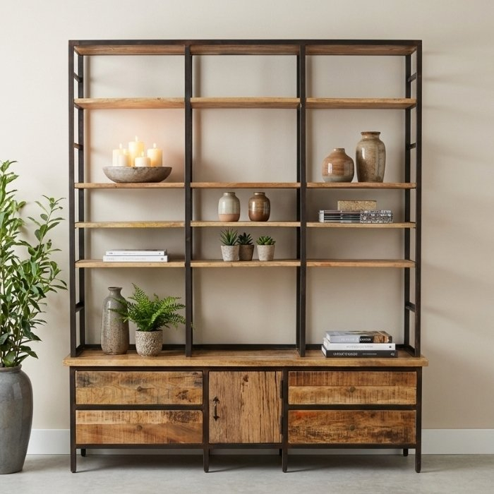 Mangohouten boekenkast industrieel met lades, een deurtje en open vakken.