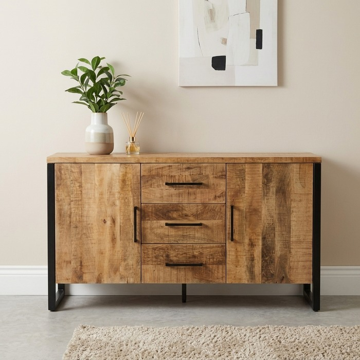 Mangohouten dressoir 150 cm met plant en geurstokjes onder een rustig schilderij