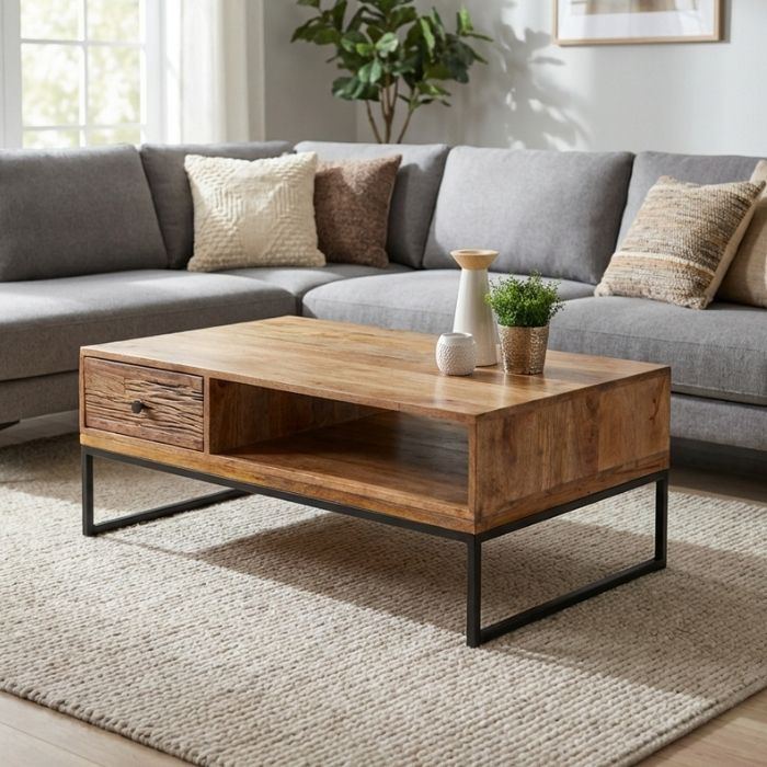 Mangohouten salontafel met lade 120 cm.