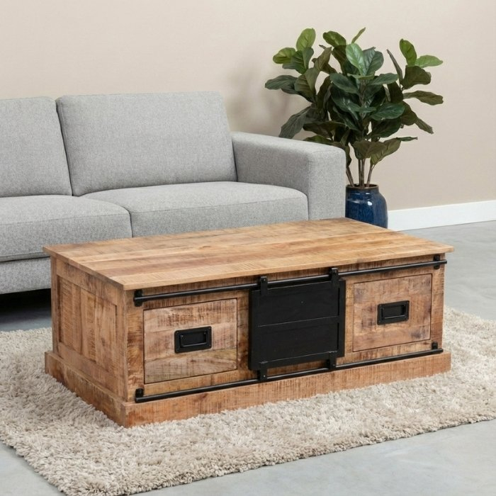 Salontafel industrieel mangohout met schuifdeur.