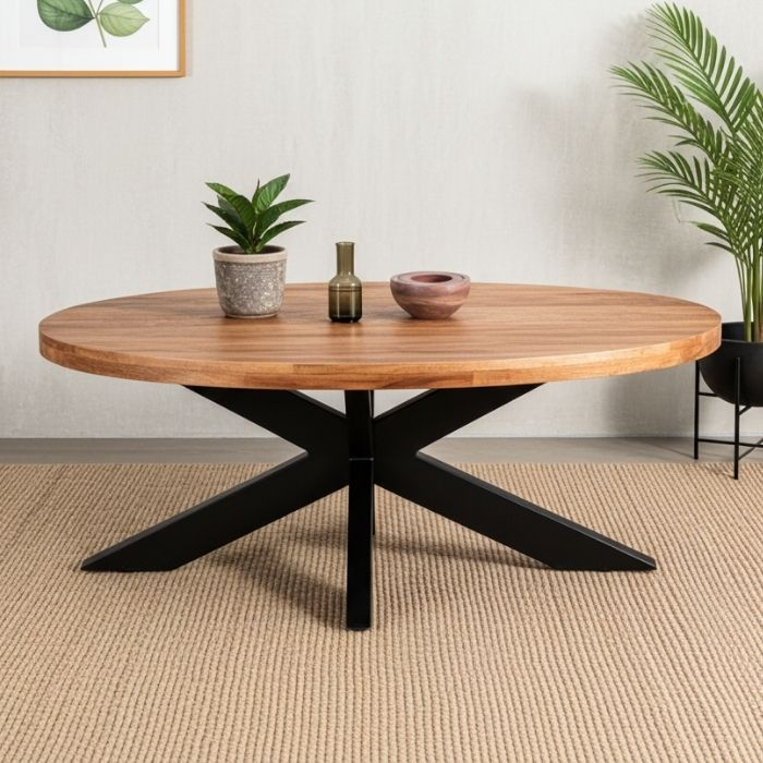 Salontafel ovaal mangohout 120 cm met spinpoot.