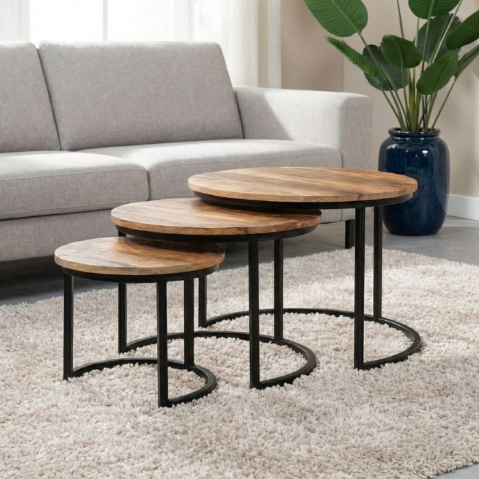 Mangohouten salontafel set van 3 rond.
