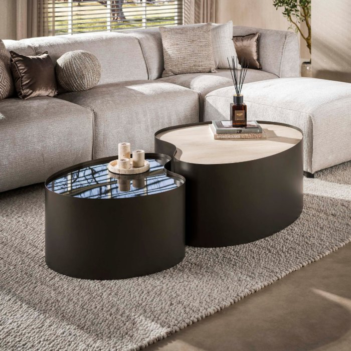 Organische salontafel travertinlook met rookglas Berno set van 2 - sfeerfoto 1