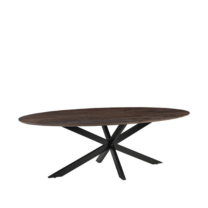 Ovale eettafel Jens 240 cm in mangohout donkerbruin met spinpoot, schuin van voren