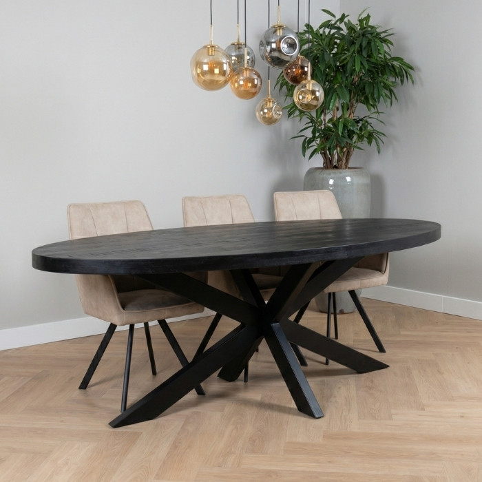Eettafel ovaal zwart 200 cm met spinpoot.