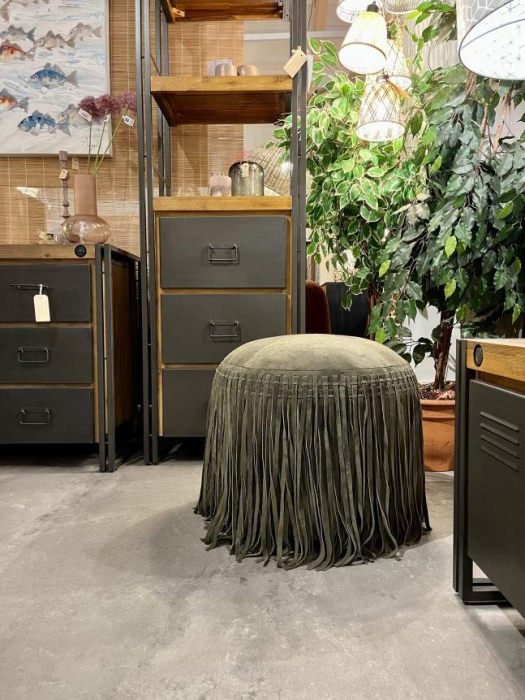 Bohemian leren poef 50 cm rond, groen