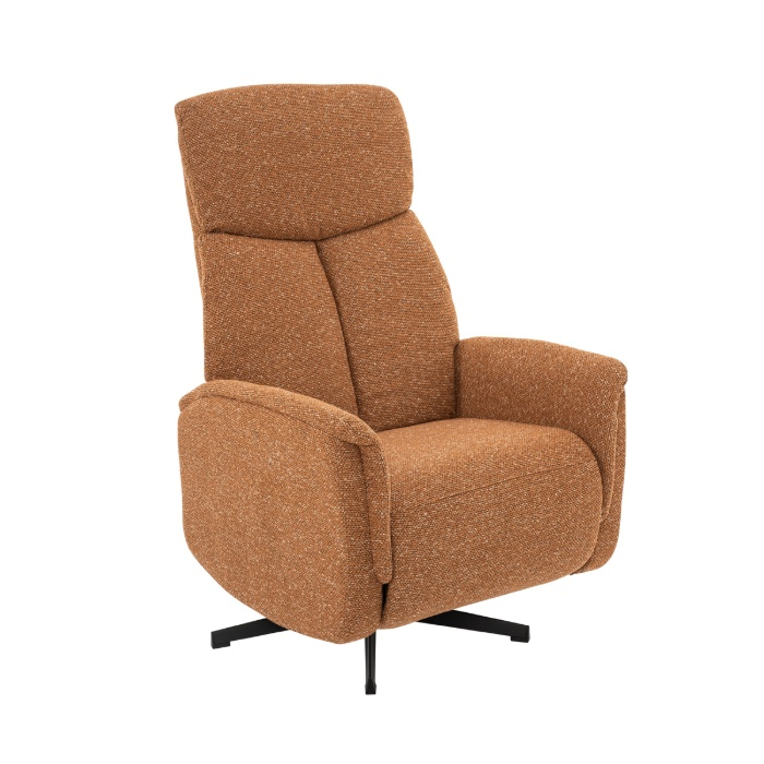 Relaxfauteuil elektrisch Aafke in cognac bouclé, schuin van voren