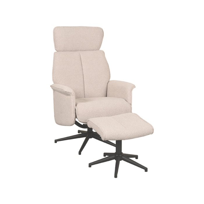 Relaxfauteuil Veerle met hocker in naturel bouclé, schuin van voren