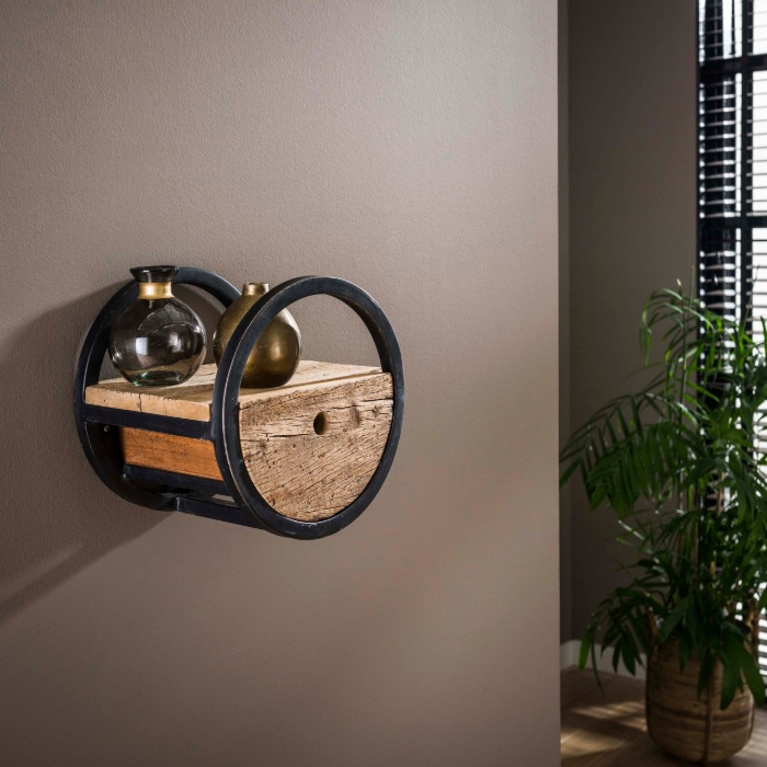Rond wandschap met lade 30 cm Romy hardhout naturel - sfeerfoto 1