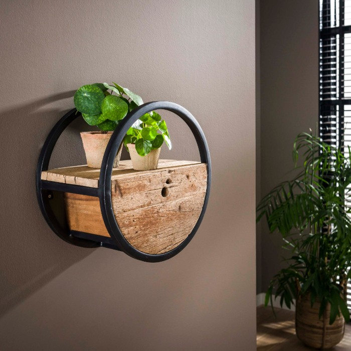 Rond wandschap met lade 40 cm Romy hardhout met zwart frame - sfeerfoto 1