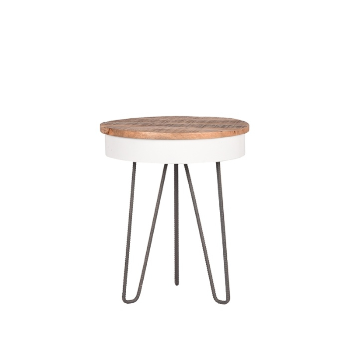 Ronde bijzettafel Sjors grof mangohout 44 cm wit, recht van voren