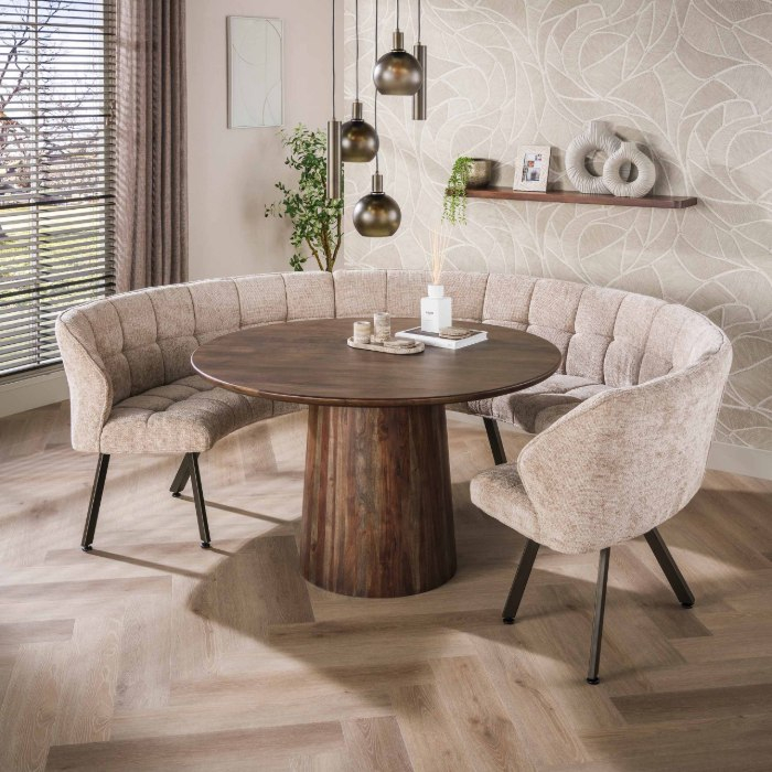 Ronde eetkamerbank 3-delig Arno beige met bruin onderstel - sfeerfoto 1