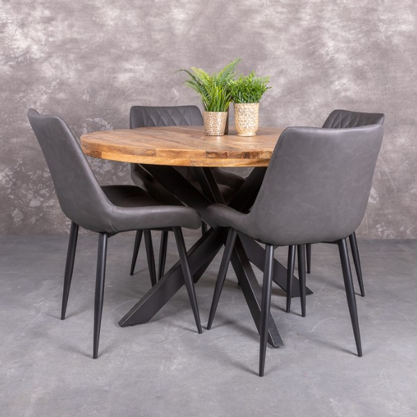 Ronde eettafel 100 cm mangohout, 6 cm dik blad op een zwarte metalen spinpoot