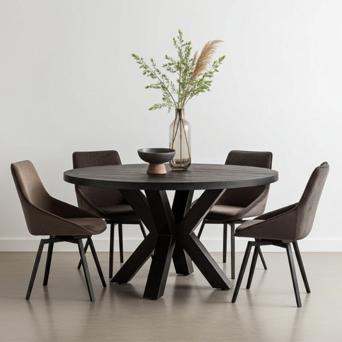 Zwarte eettafel rond 150 cm met spinpoot.