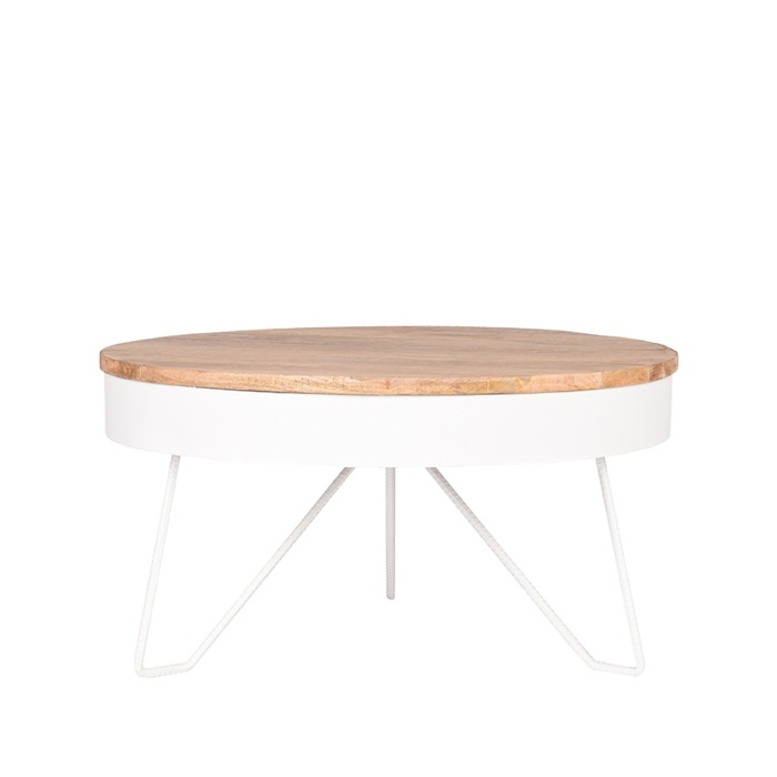 Ronde salontafel Sophie in hout en metaal wit, schuin van voren