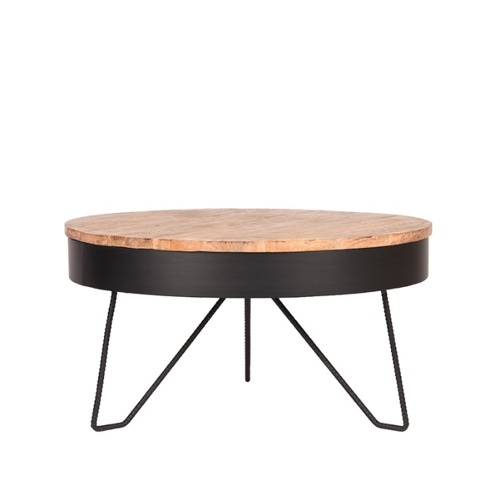 Ronde salontafel Sophie in hout en metaal zwart, schuin van voren
