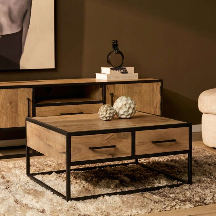 Salontafel Dakota eiken vierkant 80 cm met zwart metalen frame in de woonkamer