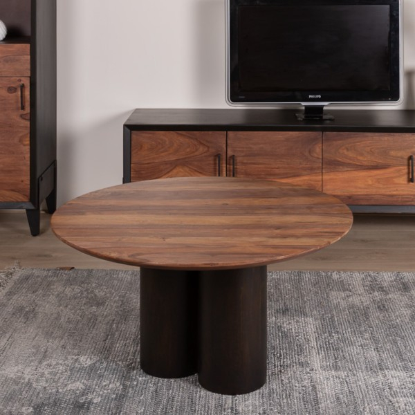 ronde salontafel 90 cm bruin met zwart Sheeshamhout.