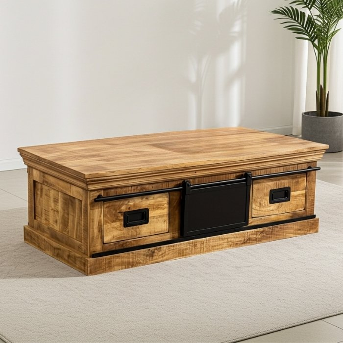 Salontafel mangohout met twee schuifdeuren.