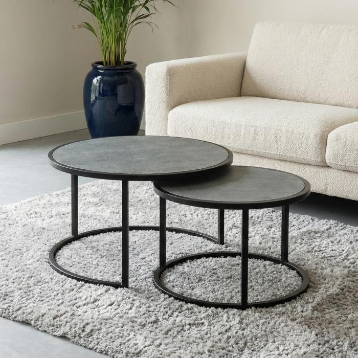 Salontafel set van twee met natuursteen bovenblad.