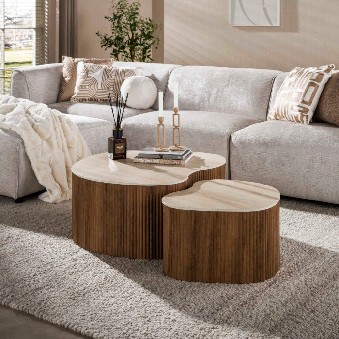 Salontafel in travertinlook Arda organische set van 2 90 cm - sfeerfoto 1