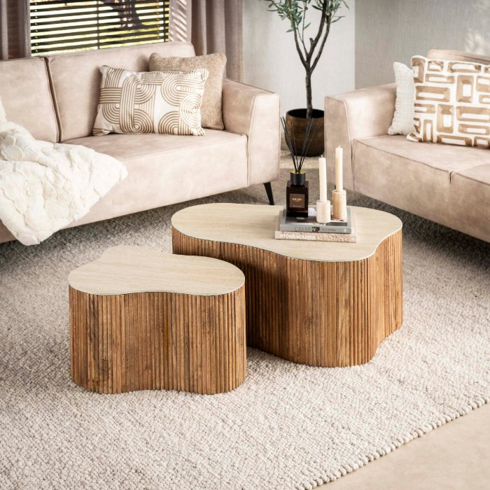 Salontafel travertinlook mangohout klaverblad Nola set van 2 - sfeerfoto 1