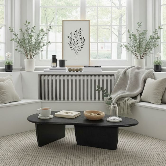 Sfeerafbeelding van de organische salontafel in de kleur zwart. 