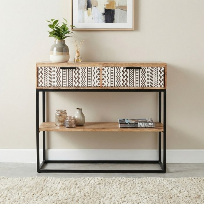 Mangohouten sidetable 100 cm met opberglades en open plank