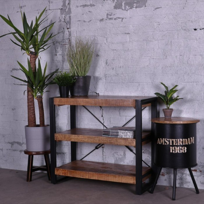 Sidetable met 3 planken van mangohout met staal 90cm breed