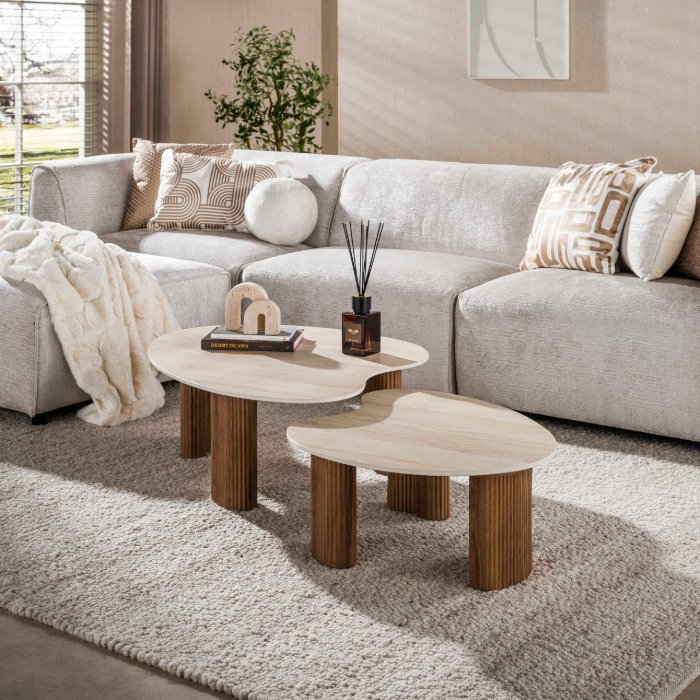 Travertinlook salontafel organisch Arda set van 2 102 cm - sfeerfoto 1