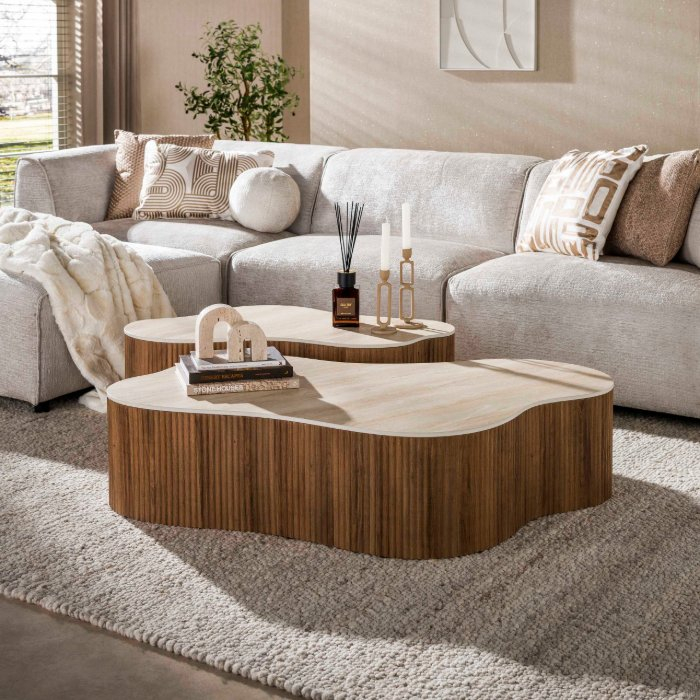 Travertinlook salontafel organisch Arda set van 2 135 cm - sfeerfoto 1