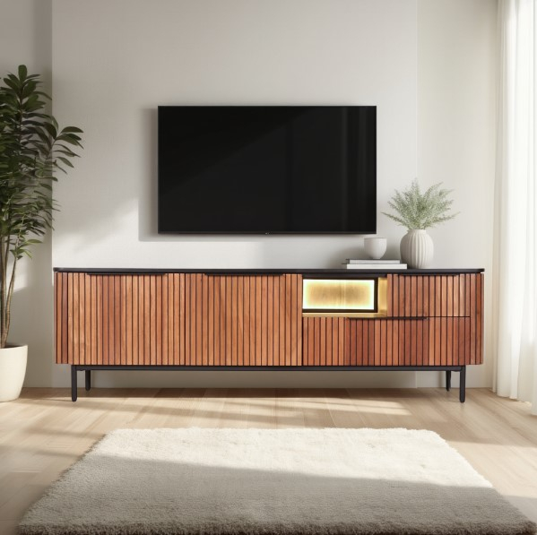 Tv kast acaciahout met ronde hoeken 180 cm breed.