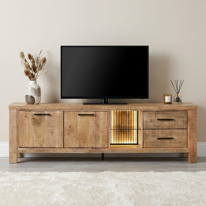Tv meubel mangohout 180 cm breed met verlichting.