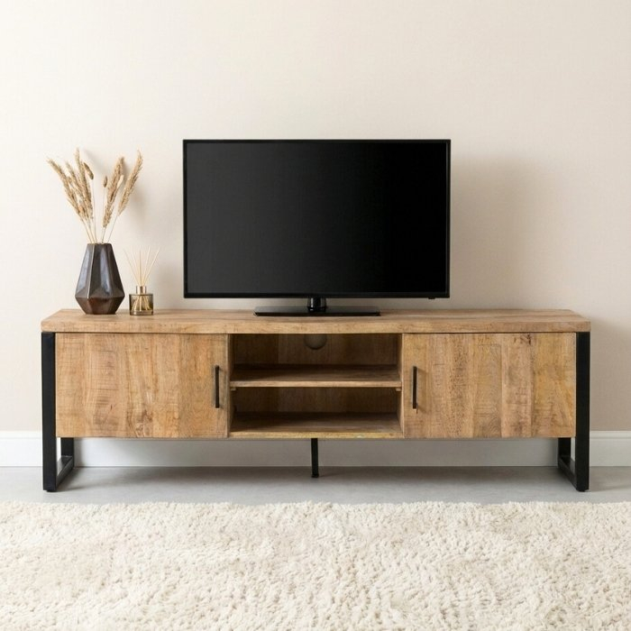 Mangohouten tv meubel 165 cm met twee deuren.