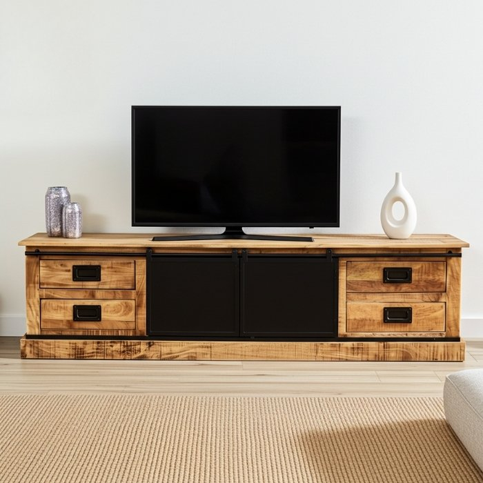 Mangohouten tv meubel 200 cm breed met schuifdeuren.