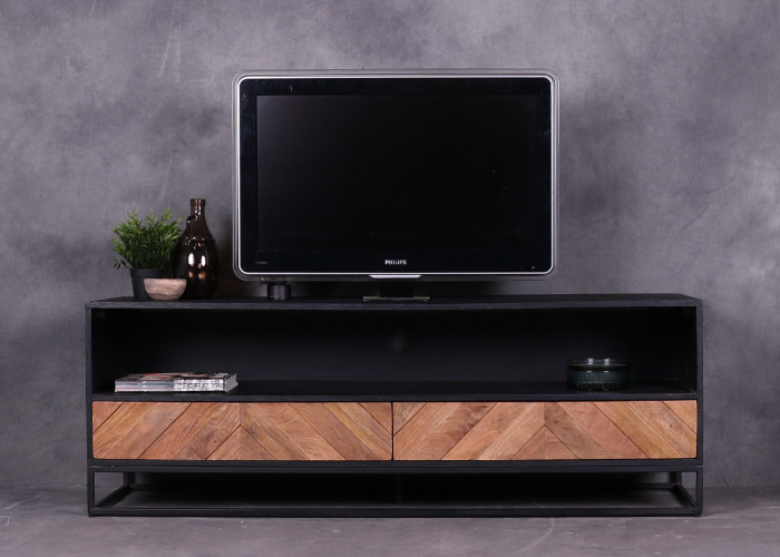Tv meubel visgraat van 150 cm voorzien van twee laden en een open vak.