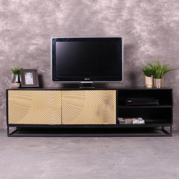 Zwart tv meubel met gouden deuren 180 cm breed.