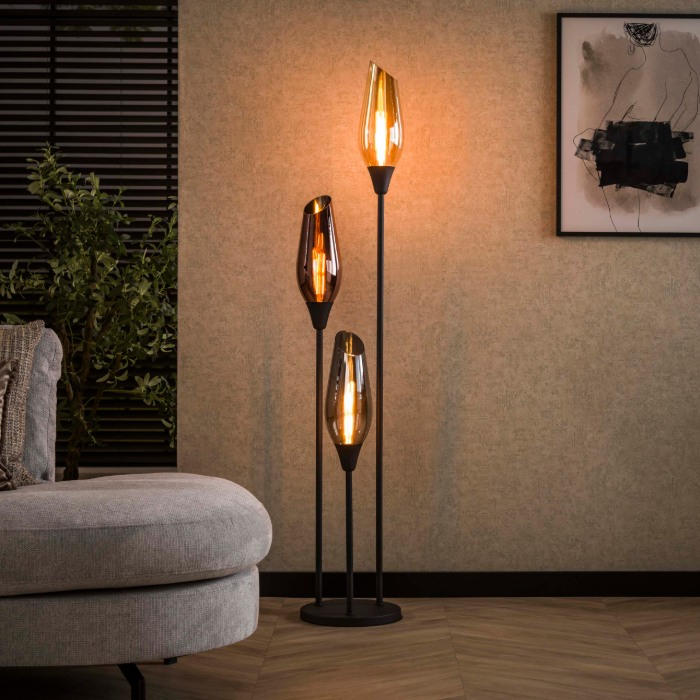 Vloerlamp met 3 gekleurde glazen kappen Tora zwart - sfeerfoto 1