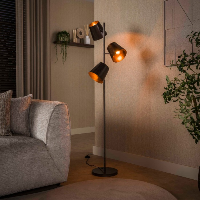 Vloerlamp met 3 verstelbare kappen Lenzo bruin - sfeerfoto 1