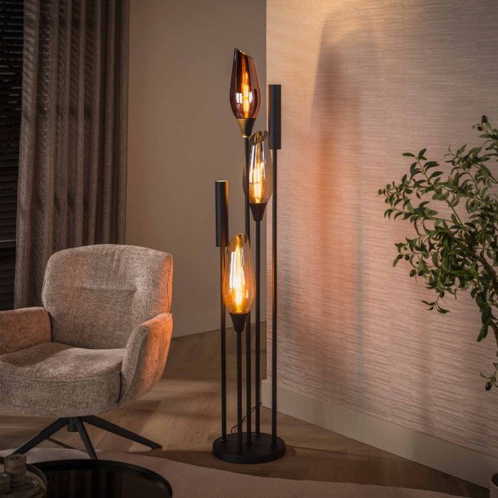 Vloerlamp 5 lichts met glazen kappen en spots Tora zwart - sfeerfoto 1