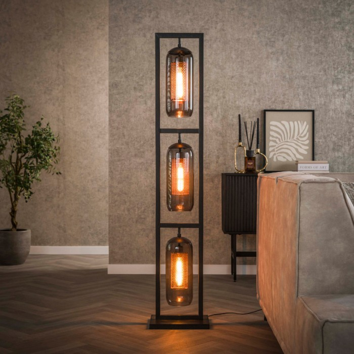 Vloerlamp met glazen kappen en koperen gaas Malou 3 lichts - sfeerfoto 1