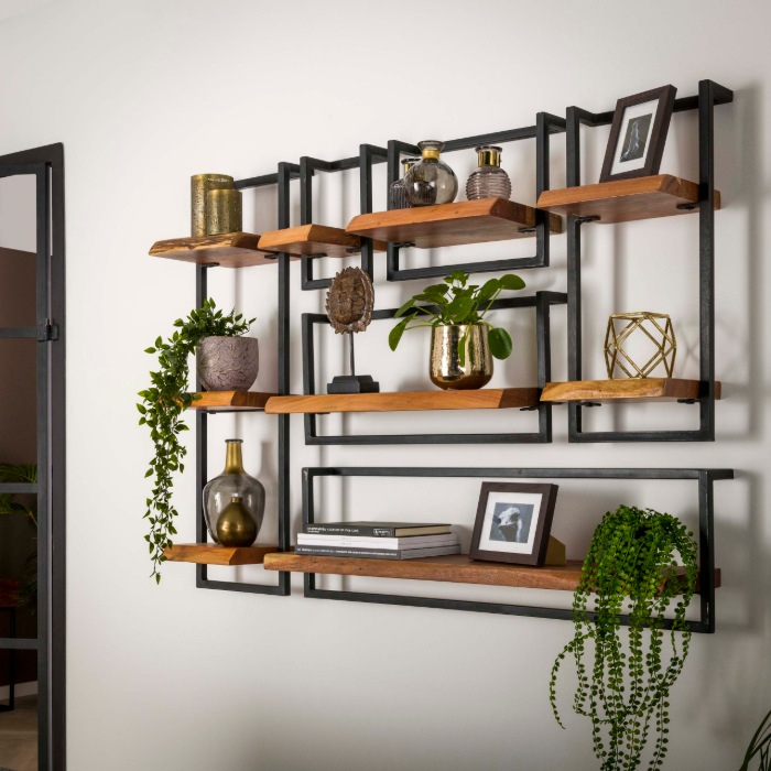 Wandplank met stalen frame 20 cm Brix acaciahout - sfeerfoto 1