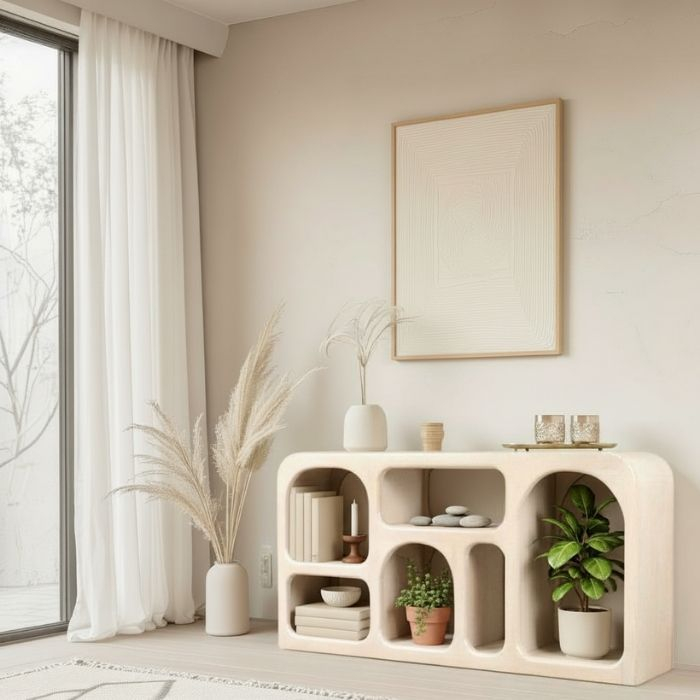 Sfeerafbeelding van een wit organisch dressoir. 