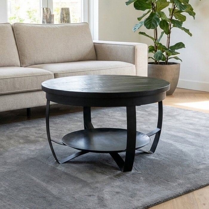 Salontafel rond 70 cm mangohout met staal.