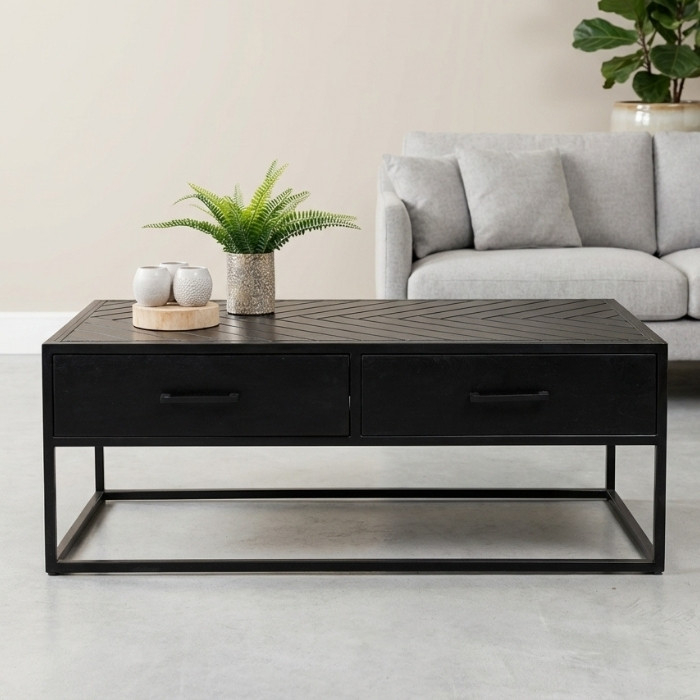 Salontafel visgraat zwart met lades 120 cm.